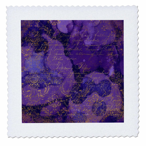 3dRose Purple Image of Watercolor and Image of Gold Cursive Script... - Quilt Squares (qs_352749_6)