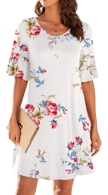 Actcat Plus Size Summer Dresses 2023 Short Sleeve Ruffle V Neck Casual Sun Dress Flower Flowy Shift Mini Dress,XX-Large,Floral White