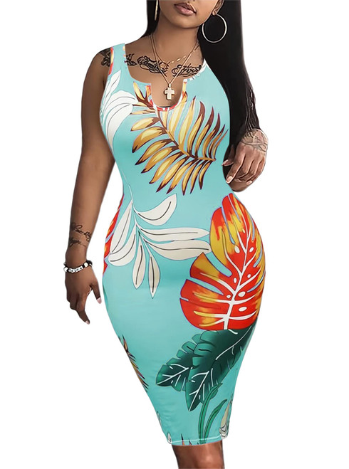 LovelyWholesale Women's Sexy Scoop Neck Midi Bodycon Dress Floral Sleeveless Summer Sun Dresses Green Large LovelyWholesale Women's Sexy Scoop Neck Midi Bodycon Dress Floral Sleeveless Summer Sun Dresses Green Large