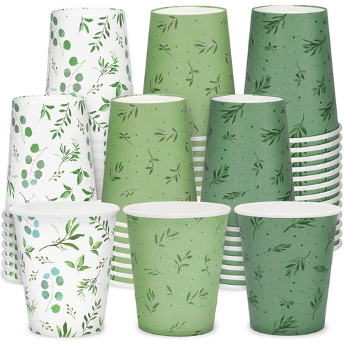 Whaline 60Pcs Greenery Paper Cups 9oz Eucalyptus Olive Leaf Disposable Coffee Cups Sage Green Drinking Cups for Cold Hot Drinks Wedding Bride Shower Party Supplies