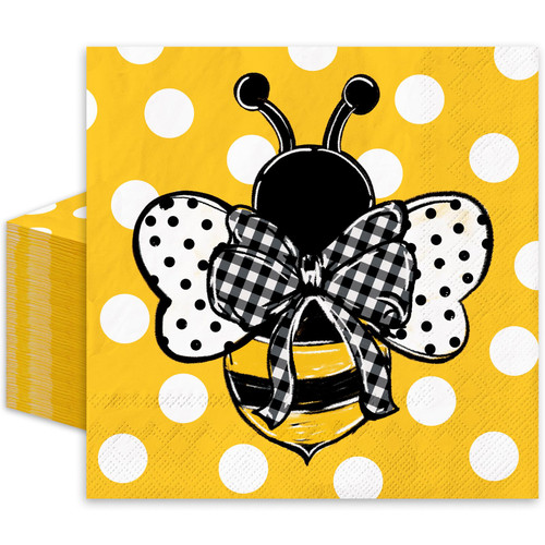 JarThenaAMCS 80Pcs Bee Paper Napkins Summer Bumblebee Dots Disposable Napkins Yellow White Black Dinner Napkins Luncheon Napkins for Party Supplies Table Decor
