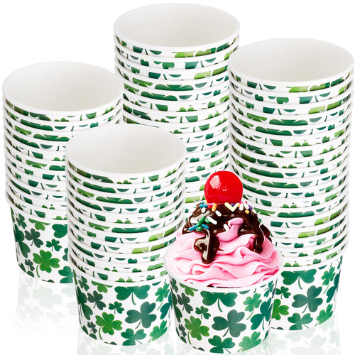 Zopeal 50 Packs 9 oz St Patrick's Day Paper Ice Cream Cups Shamrock Disposable Ice Cream Bowls St Patty's Day Snack Cups Containers Dessert Soup Bowls for Sundae Frozen Yogurt (Elegant Shamrock)