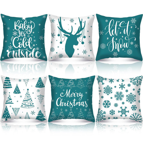 VitalCozy 6 Pcs 18 x 18 inch Christmas Throw Pillow Covers Xmas Cushion Covers Pillow Cases Snowflake Winter Throw Pillow Covers Christmas Decor for Bedroom Sofa Couch Cushion Square Home (Teal)