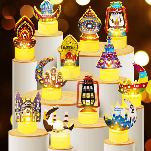 Sumind 12 Pack Ramadan Lantern Lights Decoration LED Candle 2024 Eid Mubarak Lamp Ramadan Lanterns with Moon Star Mosque Eid Mubarak LED Night Light Ramadan Decorations(Colorful Styles)