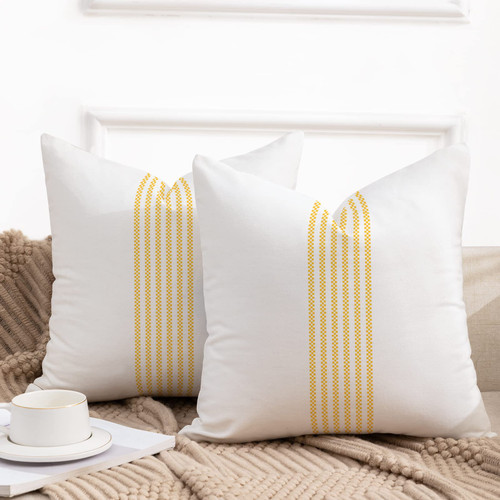 Farmhouse Pillow Covers 18x18, Boho Throw Pillow Covers Set of 2, Yellow Striped Linen Decorative Pillows Cushion Covers for Couch Sofa Bedroom