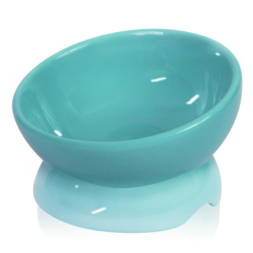 Cat Food Bowls Elevated Tilted, Ceramic Cat Food Bowls, Elevated Cat Food Bowl Whisker Friendly, Anti Vomit & Reduce Neck Burden, Raised Cat Bowl for Food and Water (Blue)
