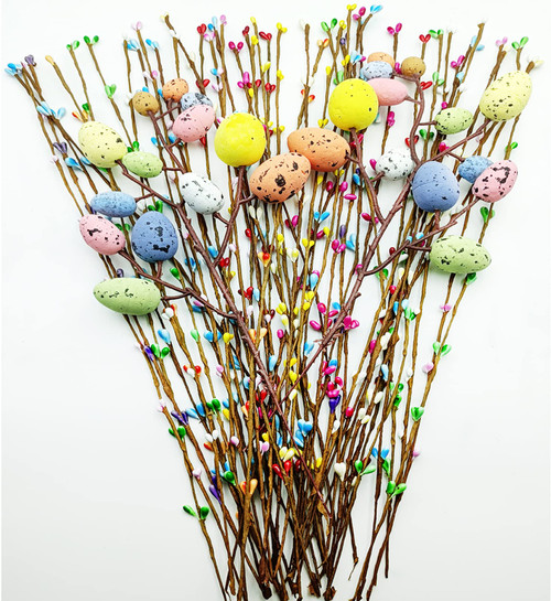 QXBXYHM 32 Pcs Artificial Easter Spray Vine with Pastel Easter Eggs and Decorative Berries Spring Floral Stems-Easter Egg Twig Branches for Easter Crafts Floral Arrangement Wreath Making Decoration
