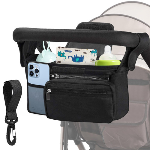 Universal Stroller Organizer, Stroller Organizer with Cup Holder, Adjustable Strap and Detachable Phone Bag, Multifunction Stroller Caddy Organizer, Large Capacity Stroller Organizer Bag (Black)