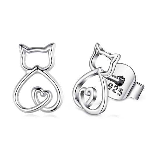 EUDORA Polished 925 Sterling Silver Cat Kitty Kitten Pet Lover Stud Earrings Feminine Gifts