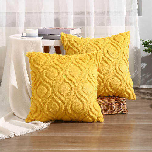 BVEED Throw Pillow Covers 18x18 Inch Decorative Boho Pillow Covers Set of 2 Luxury Soft Plush Short Faux Wool Cushion Covers for Couch Sofa Bedroom,Yellow