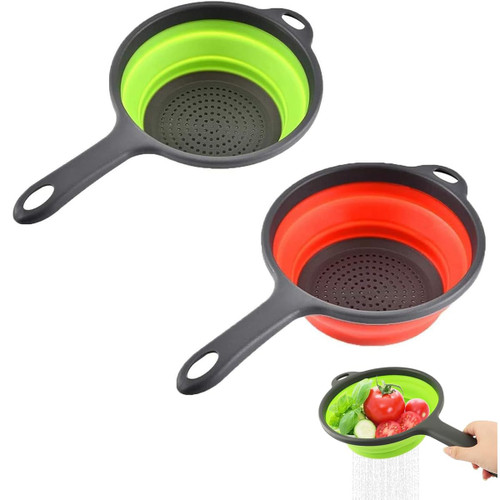 EGNic Collapsible Colander with Handle, 2 Pack Silicone Kitchen Strainer Basket, Collapsible Strainer Round Fruit Washer Drainer Perfect for Draining Pasta, Vegetable and Fruit