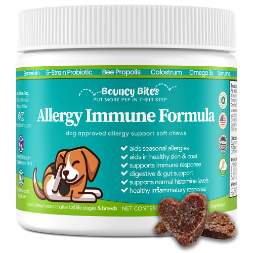 Bouncy Bites Seasonal Dog Allergy Immune Supplements - Dog Chews for Skin and Coat Health - Omega 3 Skin and Coat Supplements for Dogs- Chews for Dogs Allergy Immunity - All Natural