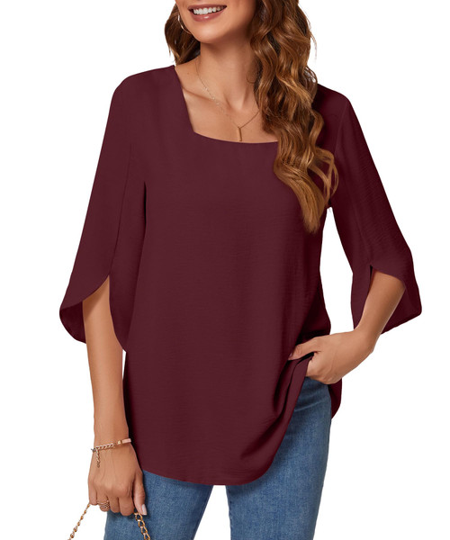 KUOTAI Womens Summer Tops Dressy Casual Shirts 3/4 Sleeve Square Neck Work Blouse Business Casual Shirt(Wine Red, Large)