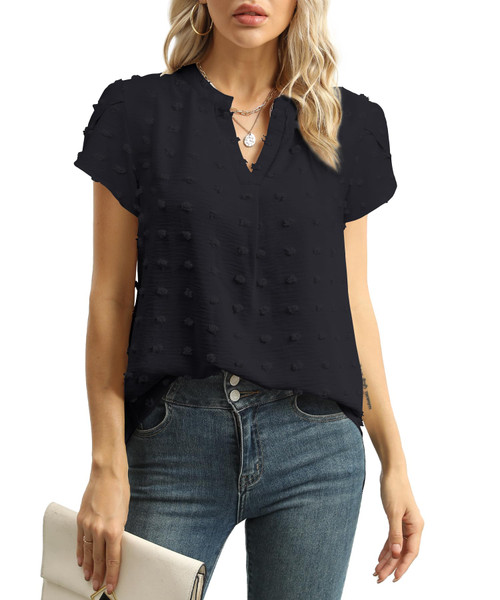 YSYOKOW Womens Summer Tops Casual V Neck T Shirts Petal Short Sleeve Blouses Dressy Loose Fit Tunic(Black,Large)