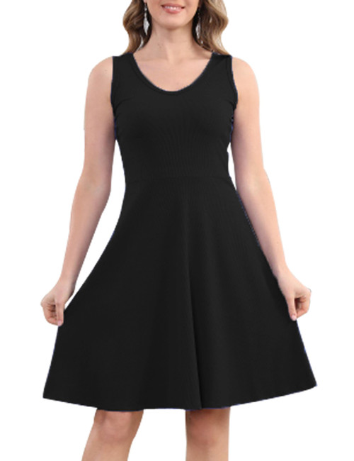 Melynnco Women Sleeveless V Neck Tank Summer Dress Casual Beach Fit and Flare Mini Short Sun Dresses Ribbed Black Small