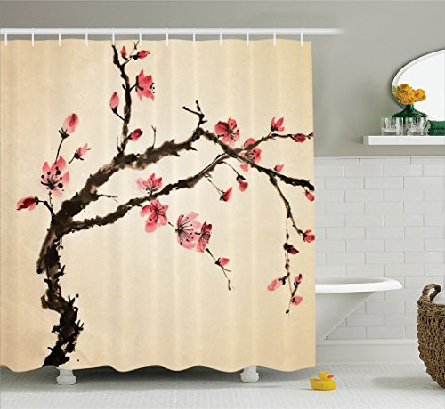Ambesonne Japanese Decor Collection, Traditional Chinese Paint Style of Figural Tree with Highly Detail Brushstroke Effects, Polyester Fabric Bathroom Shower Curtain, 75 Inches Long, Pink Brown Ambesonne Japanese Decor Collection, Traditional Chinese Paint Style of Figural Tree with Highly Detail Brushstroke Effects, Polyester Fabric Bathroom Shower Curtain, 75 Inches Long, Pink Brown