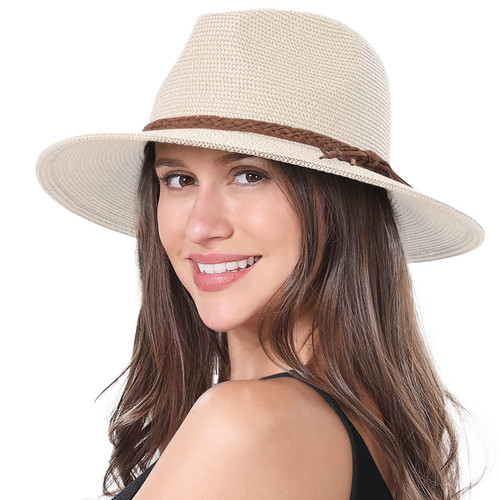 Women Straw Fedora Hats Summer Wide Brim UV UPF 50+ Panama Foldable Packable Beach Sun Hat for Women