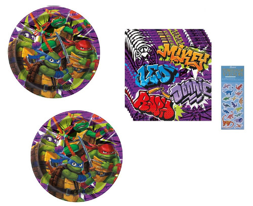 Teenage Mutant Ninja Turtles TMNT Birthday Party Supplies Bundle includes 16 Dessert Cake Plates and 16 Napkins with 1 Dinosaur Sticker Sheet - Serves 16