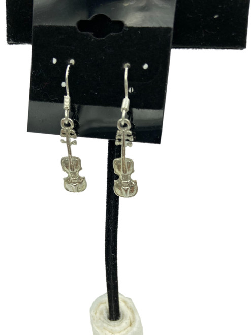 Silvertone Violin Charm Dangle Earrings Pierced or Clip Styles
