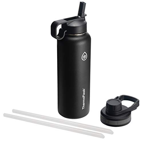 Thermoflask 50060 Double Insulated Stainless Steel Water Bottle with Chug Straw Lid, 40 oz, Black