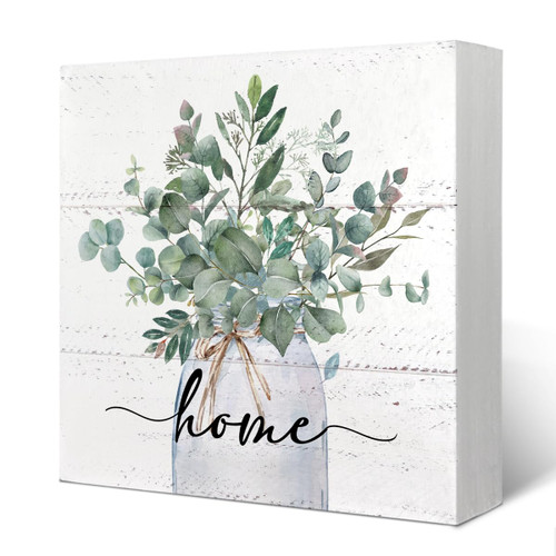 Yetmadi Spring Botanical Eucalyptus Leaves Sign Wood Box Desk Decor,Spring Home Wooden Block Box Sign Decoration for Shelf Table Decor,Sage Green Decor,5x5 Inch