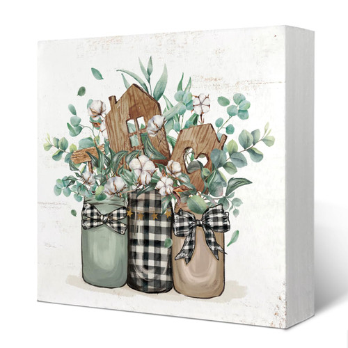 Yetmadi Spring Eucalyptus Leaves Sign Wood Box Desk Decor,Eucalyptus Decor,Sage Green Eucalyptus Leaves Wooden Block Box Sign Decoration for Farmhouse Shelf Table Decor,5x5 Inch
