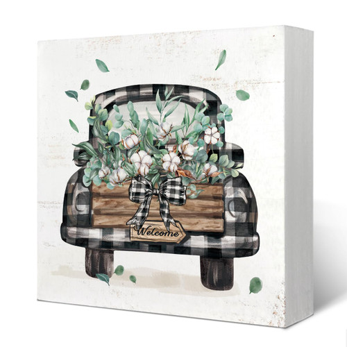Yetmadi Spring Sign Wood Box Desk Decor,Eucalyptus Leaves Cotton Trucks Welcome Wooden Block Box Sign Decoration for Farmhouse Shelf Table Decor,5x5 Inch