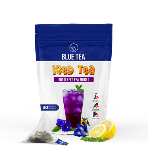 BLUE TEA - Butterfly Pea Mojito Iced Tea - 30 Tea Bags | CAFFEINE FREE | Butterfly Pea + Mint + Lemon Flakes + Stevia | Eco-Conscious Ziplock Pack |
