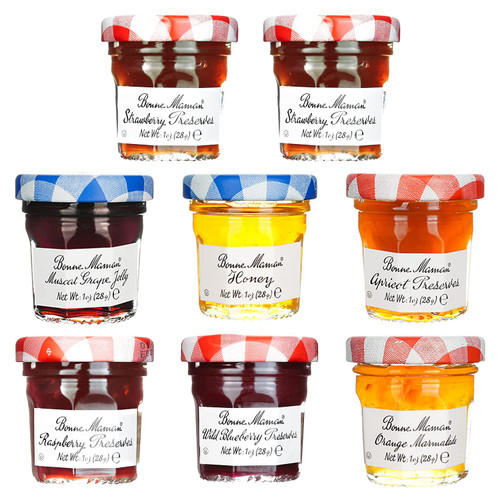 Gift Box of 8 Bonne Maman Mini 1 oz. Jars (1 jar each of Grape, Honey, Apricot, Raspberry, Blueberry, Orange and 2 jars of Strawberry)