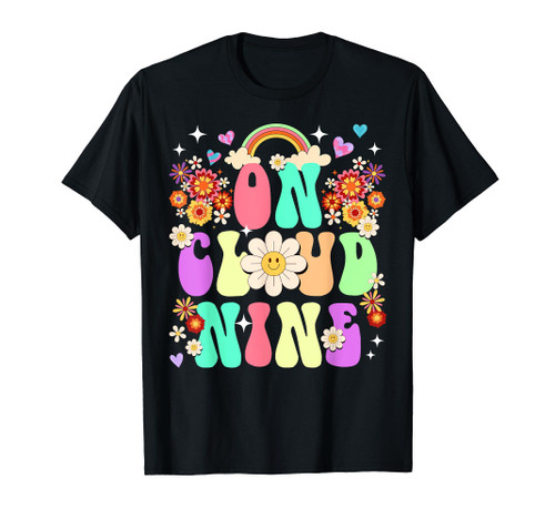 Retro On Cloud Nine Flower Happy 9th Birthday 9 Years Old T-Shirt