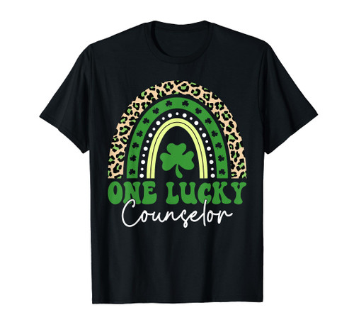 One Lucky School Counselor St Patricks Day Leopard Rainbow T-Shirt