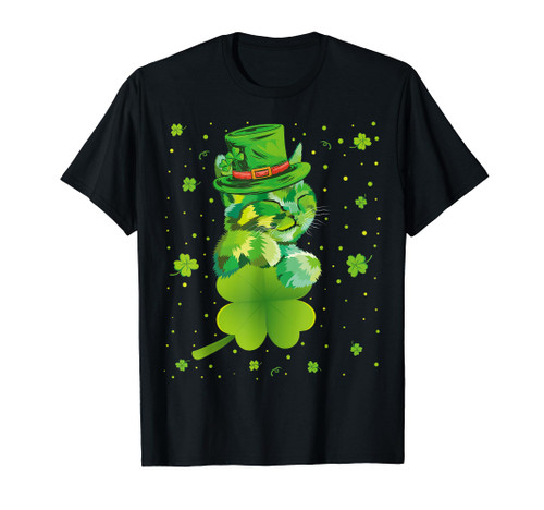 Cute Cat Holding A Shamrock St Patricks Day Funny Boys Girls T-Shirt