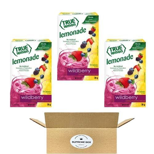 TRUE LEMON Wildberry Lemonade Drink Mix| Made from Real Wildberry | No Preservatives, No Artificial Sweeteners, Gluten Free - Pack of 3 (30 count in total)