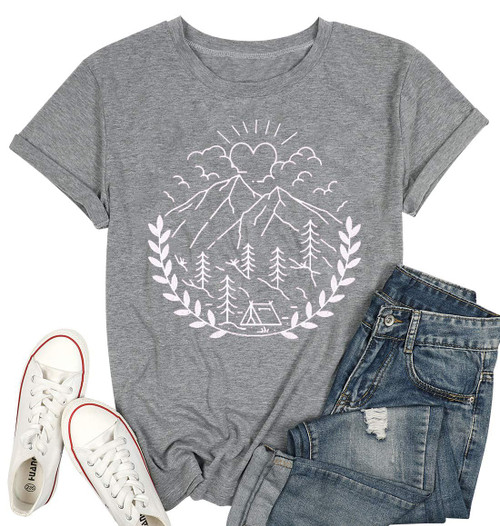 Women Hiking Mountain Shirt Adventure Workout Camping T-Shirt Graphic Printed Tee Outdoor Athletic Short Sleeve Casual Tops Grey