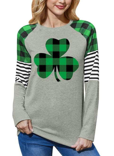 St Patrick's Day Shamrock Clover Lucky Womens Blouse Four Leaf Casual Pullover Ireland T Shirts Three Plaid L