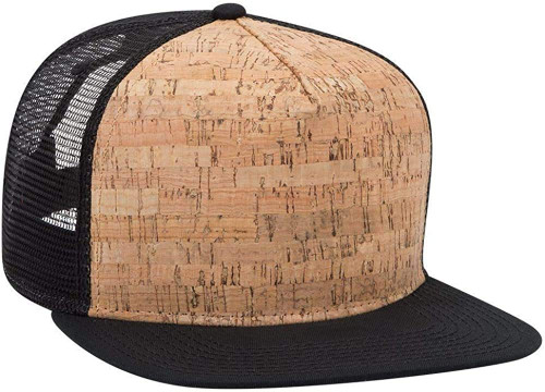 Ashen Fane Cork Flat Visor 5 Panel Snapback Mesh Back Trucker Hat, Blk/Cork/Blk