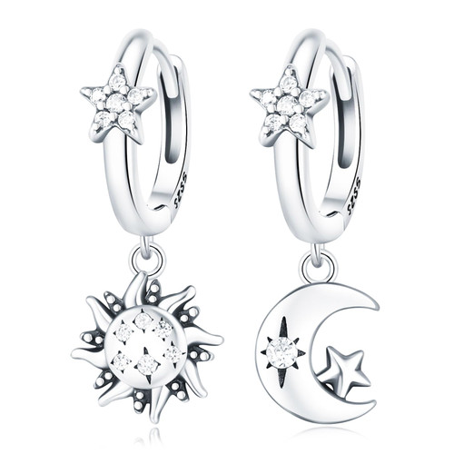 NUJIFFY Earrings for Women Trendy, 925 Sterling Silver Earring Jewelry, Fashion Small Hoop Sun Moon Drop Dangle Retro Graduation Birthday Gifts for Girls Teen