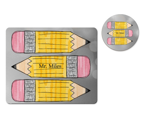 Pencil Personalized Mousepad and Coaster Desk Set Gift for Teachers Appreciation Back to School Supplies Classroom Decor Custom Handmade by The Painted Pug (Grey Pencil)