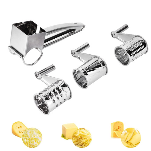 3 In 1 Rotary Cheese Grater, Stainless Steel Handheld Parmesan Cheese Grater Shredder Slicer with 3 Interchanging Blades 3 In 1 Rotary Cheese Grater, Stainless Steel Handheld Parmesan Cheese Grater Shredder Slicer with 3 Interchanging Blades