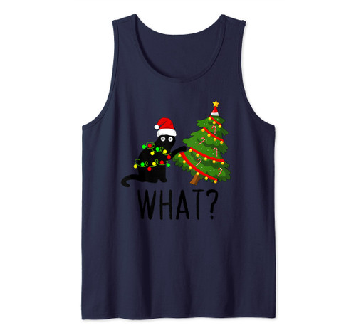 Black Cat Pushing Christmas Tree Over Cat What? Cat Shenanig Tank Top