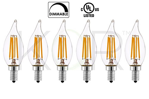 (Pack of 6) 6 Watt LED Edison Filament (60 Watt Eqivalent) Dimmable LED Candelabra Chandelier Light Bulb - CFC CA10 Flame Tip - Small Base (E12) - 2700K (Warm White Glow) - 120V