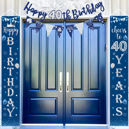 Happy 40th Birthday Door Banner Party Decorations, Blue Silver 40th Birthday Door Porch Sign Banner, Happy 40th Birthday Banner Bunting Triangle Flags for Men 40th Birthday Party Decorations Supplies