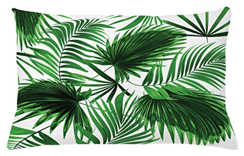 Ambesonne Palm Leaf Throw Pillow Cushion Cover, Realistic Vivid Leaves of Palm Tree Growth Ecology Lush Botany Themed Print, Decorative Accent Pillow Case, 26 W X 16 L Inches, Fern Green White