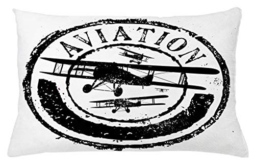 Ambesonne Vintage Airplane Throw Pillow Cushion Cover, Grunge Style Stamp Design with Word Aviation and Airplane Silhouettes, Decorative Accent Pillow Case, 26 W X 16 L Inches, Black and White
