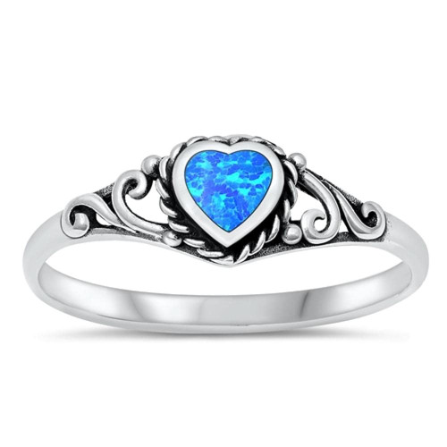 Blue Simulated Opal Heart Promise Ring .925 Sterling Silver Rope Halo Band Size 7