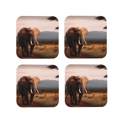 4Pcs Drink Coasters for Drinks Tabletop Protection, Walking Elephant Leather Coaster for Kinds of Cups, Absorbent Cup Coaster for Coffee Table Home Decor 4" Cup Mat Pad