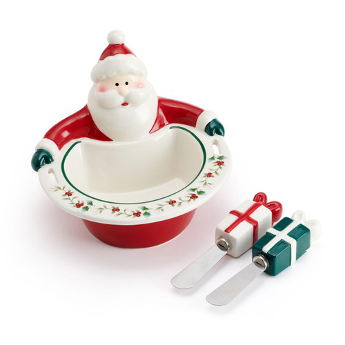Pfaltzgraff Winterberry Santa Dip Bowl with Spreader Set, 6 Inch, Multicolored