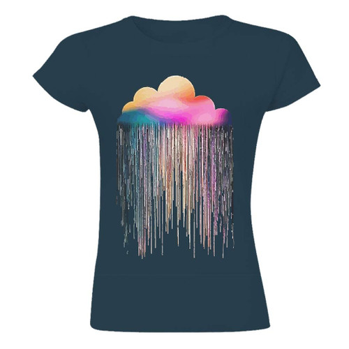 Women Cotton T Shirt Rainbow Cloud Rain Print T Shirts Crewneck Tops Navy XL