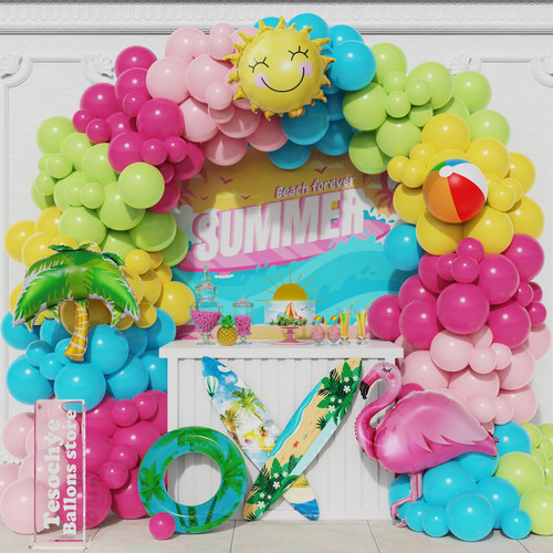 Summer Beach Party Decorations 141Pcs Tropical Flamingo Balloon Arch Garland Kit Beach Ball Coconut Palm Tree Sun Foil Balloons for Pool Birthday Party Hawaiian Luau Aloha Supplies