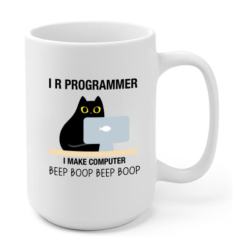 Panvola I R Programmer I Make Computer Beep Cat Lover Programming Student Graduation Gift Ceramic Coffee Mug (15 oz)